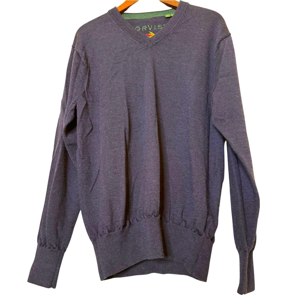 Orvis Mens Navy 100% Merino Wool‎ V-Neck Sweater Size Medium Embroidered Logo - Picture 4 of 8